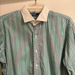 Polo by Ralph Lauren Men's Green with White, Red and Blue Striped Shirt